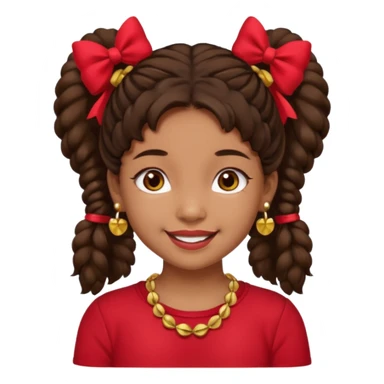 Brownskin girl dark brown hair fluffy. pigtails with red bows brown eyes smiling closed mouth red shirt gold esrrings gold necklace sticker