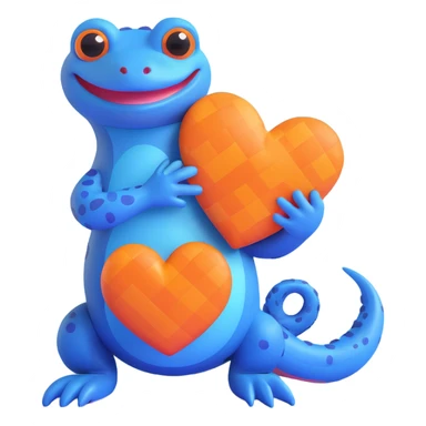 blue salamander with a square pattern on its skin, holding a heart sticker