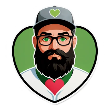 A bold man with a grey baseball cap, green eyes, big beard and glasses holding heart sticker