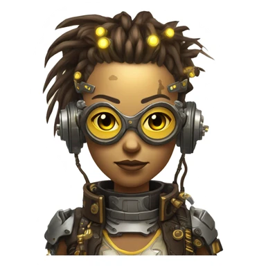 Brown with yellow streaks Mohawk hair female cyborg head, tan skin, steampunk goggles and circuits sticker