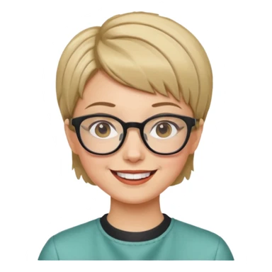 Happy woman with very short hair and glasses having haircut emoji sticker
