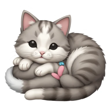 grey and white small cat with eyes closed lying down upside down with its head resting on its paw sticker