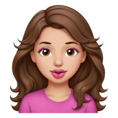 girl with long wavy brown hair, brown eyes, light to medium complexion, in a pink shirt, pink lips, long lashes, puckering lips kissing, winking with one eye sticker
