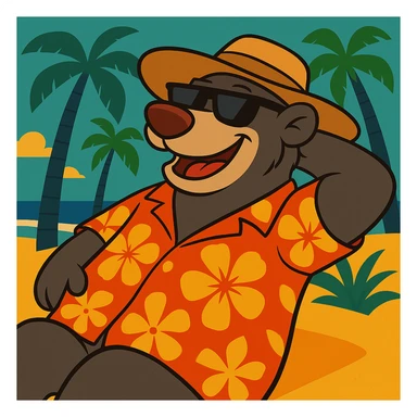 Add a wide-brimmed sunhat to Baloo the bear as he relaxes on the tropical beach, maintaining the vibrant and cheerful flat toon cartoon style with warm colors and playful details. sticker