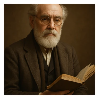 an intellectual poet with round gold glasses, a white beard, and a book in his hand, dignified and thoughtful expression sticker