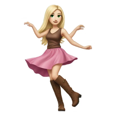 Realistic White girl with Long straight blonde hair, green eyes, tattoos, full body wearing pink dress and Brown knee-high leather boots, dancing sticker