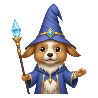 A dog that looks like a wizard, wearing a pointed wizard hat, holding a magic wand, and wearing headphones. sticker