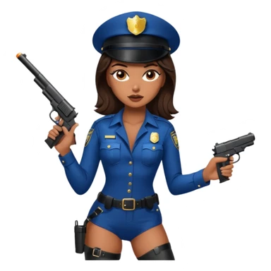 A sexy girl. with caramel skin. Dark brown hair and brown eyes. She has freckles. Wearing sexy makeup. Dressed as a sexy cop. wearing lingerie and heels. Holding a gun sticker