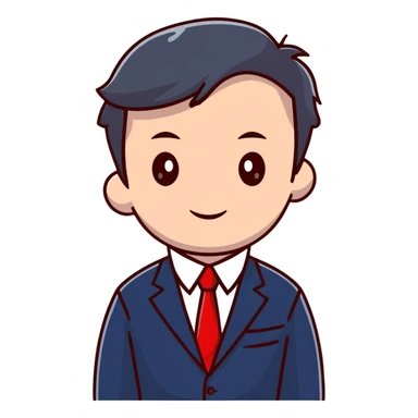 man wearing a dark blue-gray business suit with a white shirt and a red tie sticker