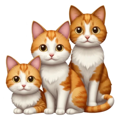 3 different coloured small cats including a dark brown tabby and white, and a patchy calico, and a ginger and white sticker