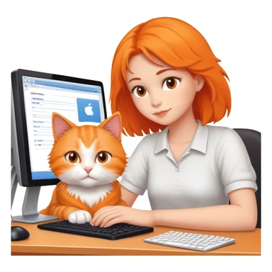 A girl is working in front of a computer, and a cat is lying next to the computer sticker