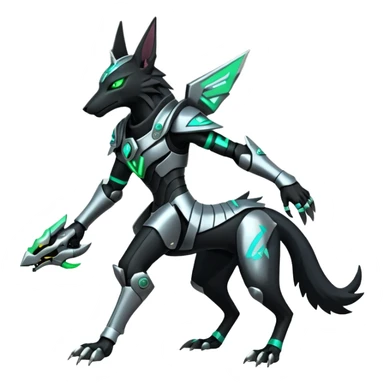 Black and green cyberpunk intricate neon glowing grey white futuristic cyborg-Anubis-Hermanubis-Zeraora-Zoroark-Luxray-fusion (full body) sticker