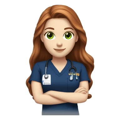  White girl fair skin, long auburn hair, green eyes, navy blue scrubs sticker