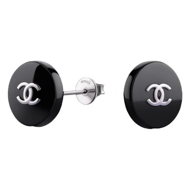 a pair of 3D emoji-style Chanel logo stud earrings, glossy black with silver accents, elegant sticker