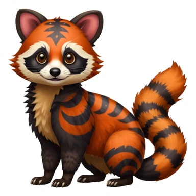 A Colorful exotic tropical tribal cute happy realistic esoteric patterned fluffy furry dark civet-cacomistle-genet-red-panda-oncilla-Fakémon-fursona-hybrid-fusion-animal-creature, full body, 4-legged sticker