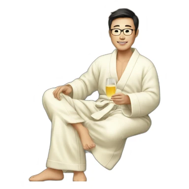 A Korean man in a bathrobe on the sofa with a glass of champagne sticker