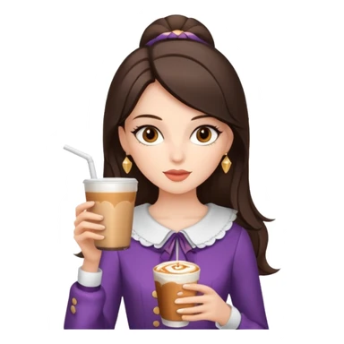 white brunette with brown eyes and a coquette outfit, drrinking caramel machiatto sticker