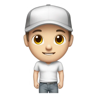 Pale skinned fit Man with dark brown hair in a white cap, gray jeans and gray polo T-shirt keeping a pasted with tape box into his hands sticker