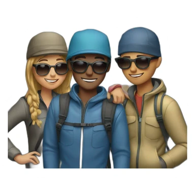 four friends reaching the top of the mountains wearing a cap and sunglasses sticker
