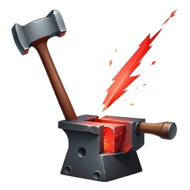 Blacksmithing icon, piece of metal being hammered on an anvil, blacksmith's hammer, sparks flying, glowing red metal, forge in the background, minimalistic style, clean lines, transparent background. sticker