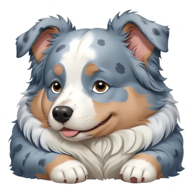Cinematic Meme-Worthy Chubby Sleeping Blue Merle Australian Shepherd Portrait Emoji, Head resting peacefully with a contented smile, showcasing a delightfully chubby build and a luxuriously soft blue merle coat with striking white accents, eyes shut in a serene nap, Simplified yet hilariously adorable features, highly detailed, glowing with a soft, drowsy light, high shine, relaxed and utterly lovable, stylized with an air of playful laziness, bright and heartwarming, soft glowing outline, capturing the essence of a comically sleepy Blue Merle Australian Shepherd, so meme-worthy it feels like it could instantly become the next viral sensation of adorable slumber! sticker