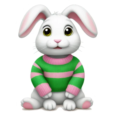 Cute rabbit is sitting wearing pink, green stripe sweater sticker