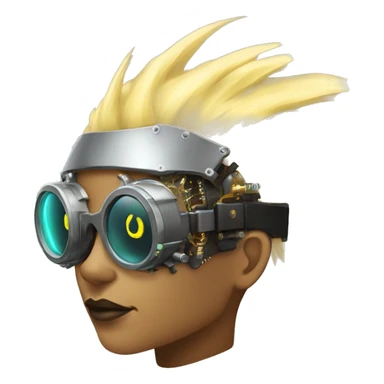Light yellow Mohawk hair female cyborg head, dark skin, steampunk goggles and circuits sticker