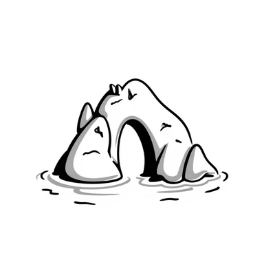 an island with a large hole or arch through it, surrounded by water, hand drawn doodle style sticker