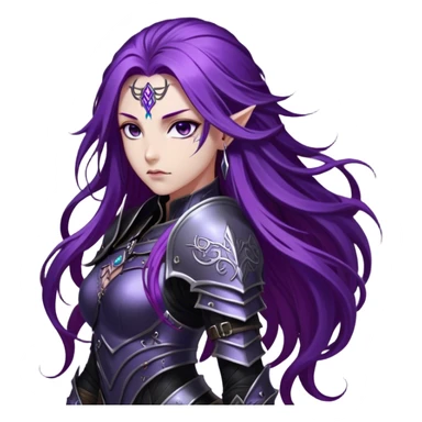 A mysterious warrior girl with long, flowing purple hair cascading down her back, strands catching the dim light like silk. Her piercing violet eyes glow. She wears sleek black armor, a perfect fusion of elegance and lethality, adorned with intricate silver engravings resembling ancient runes.  sticker