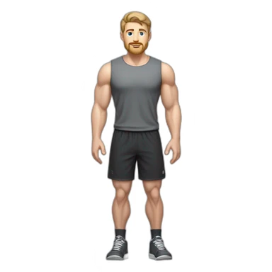 Full height Pale skinned fit man With biceps, Realistic eyes and mouth, light brown hair and stubble In dark gray sleeveless mike, black oversize sports shorts, watch and white sneakers. sticker