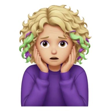 Emoji-style illustration of a frustrated young woman, messy curly tousled blonde hair, wearing a purple sweater, holding her face in her hands, expressing annoyance and disappointment, cartoonish, expressive, simple lines, flat colors, clear silhouette,  sticker
