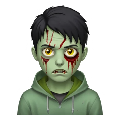 WhatsApp emoji-style zombie, young man, pale green skin, yellowish eyes with dark circles, medium-length messy black hair, blood tears, silver eyebrow piercing, nose ring, hoodie, realistic jawline, straight eyebrows, serious and sharp expression sticker