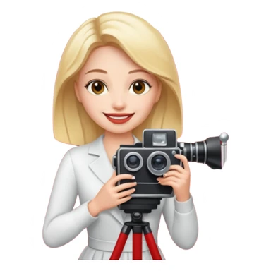 an actress standing on a red carpet, smiling, with a film camera next to her. sticker