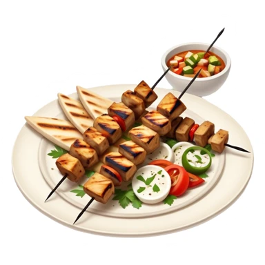 cinematic-realistic-souvlaki-dish-emoji,-showcasing-skewered,-2 grilled-chicken-with-mediterranean-spices-rendered-with-dynamic-textures-and-warm,-appetizing-lighting on pita bread on a plate sticker