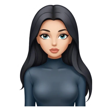 Glamours, tanned, very beautiful girl, with big pump peach-beige-rose lips, long long lashes, black straight smooth silky long hair, straight parting hair, blue-grey eyes in black long-sleeves bodysuit sticker