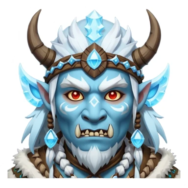 Fantasy Christmas orc shaman icon, ice spirit magic theme, glowing runes, winter tribal mask elements, mystical cold atmosphere, emoji sized portrait, male/female variant sticker