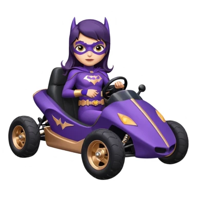 Hot full size real-appearance retro electric racing action BatGirl’s feminine midnight-purple tight outfit sixty’s tv show 1992 stealthy retro sporty safe plush petite off-road pursuit cruiser car rose gold accents (black hair,reclined and relaxed torso seating position) go kart  sticker