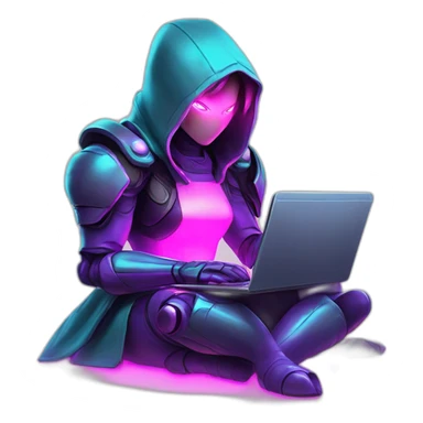 Girl developer behind his laptop with this style : Nintendo Samus Video game neon glowing bright purple pink black hooded hacker themed character sticker