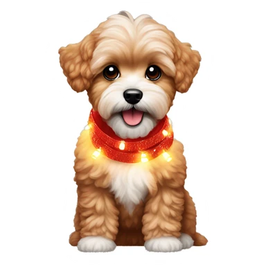 Red maltipoo with Christmas lights decorated around its neck sticker