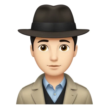 A light-skinned man with short dark hair, and a black fedora, with an oval face and calm look. sticker