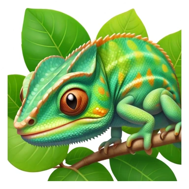 cinematic cute-smiling baby chameleon-realistic emoji,-blending-with-vibrant-greenery.-detailed-scales-in-shifting-colors,-showing-the-chameleon’s-ability-to-camouflage.-soft-natural-light-highlights-its-texture.-light-background, zoomed into its face sticker