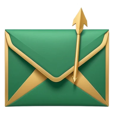 3D minimal envelope icon slightly open with subtle upward arrow coming out, matte finish, deep green (#0B3D2C), gold (#C9B037) arrow accent, Apple style, ultra sleek and clean, soft shadow, transparent background sticker