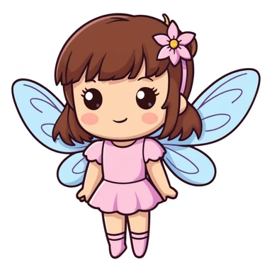Beautiful fairy girl with brown hair and bangs and brown eyes and wearing pink and sparkles sticker