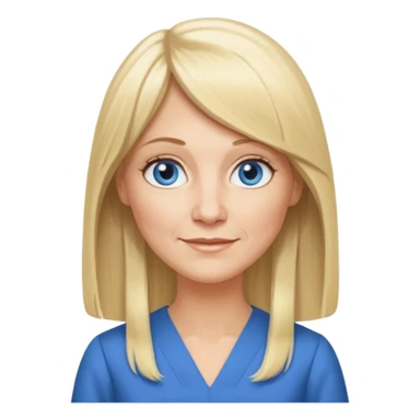 50 yr old white woman, hippie parted very long hair, short bangs, very long straight blond hair, oval face, small smile, blue eyes, thin face, hair downback, hair parted at center of head, round cheeks, pale, longer hair, business dress, long hair sticker