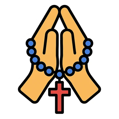 clasped hands holding a rosary, color outline icon style sticker