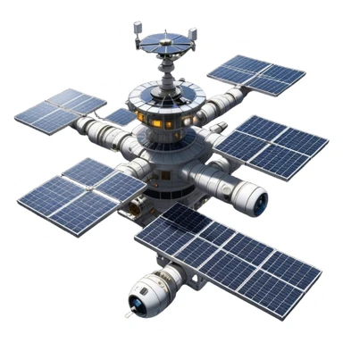  Cinematic Realistic Space Station – A highly detailed, sprawling orbital station with complex solar panels and intricate docking modules. The metallic structure glows faintly from reflected sunlight, with the curvature of Earth and the deep blackness of space in the background. sticker