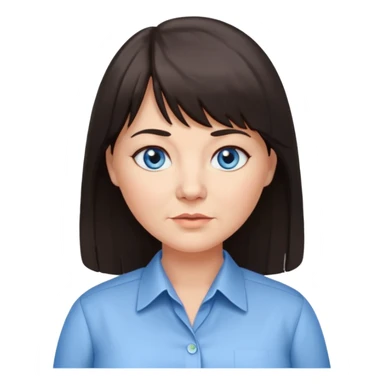 50 yr old woman, blue eyes, long straight dark brown hair, business shirt, chubby, bangs sticker
