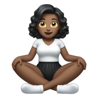 Front view full body curvy caucasian beauty sitting straight hands up black skirt white knickers white socks sticker