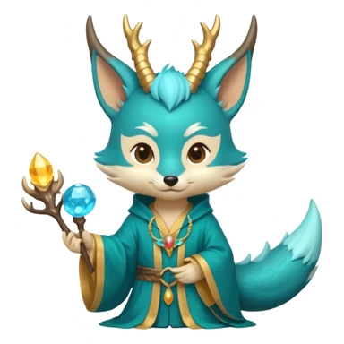 Chibi teal fox with small antler horns, confident magical expression, gold mark on forehead, teal-gold robe, holding glowing blue water orbs, with dragon tail with small antler horns on its head sticker
