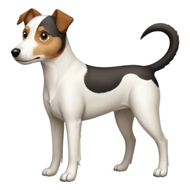 a full body large white parson russell looking dog the size of a kelpie with light brown ears and a light brown patch on one eye and a large snout sticker